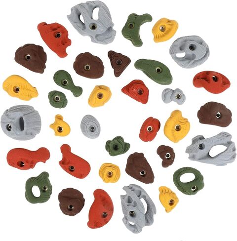 Atomik Rock Climbing Holds Set of 35 Bolt-On Rock-Like Pinches, Pockets, Slopers, Jugs, and Footholds in Assorted Earth Tones in Saudi Arabia