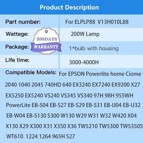 Suitable for ELPLP88/V13H010L88 Replacement Projector Bulb for Epson Powerlite Home Cinema 1040 2045 640 2040 740HD 97H 98H 99WH 955WH X27 W29 S27 VS240 EX3240 EX7240 EX9200 VS345 VS340 Lamp (200) in Saudi Arabia