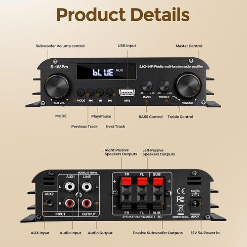 Romicta 2.1 Channel Stereo Audio Amplifier, 300Wx2+360W Home Audio Stereo Receiver Bluetooth 5.0 with USB/AUX, Remote, Bass Treble & Sub Control, for Active/Passive Subwoofer & Speaker in Saudi Arabia