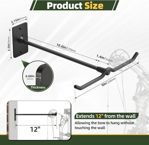 Compound Bow Hanger for Wall - Heavy Duty Steel Compound Bow Holder, Recurve Bow Wall Mount with Durable Composite Padding, Bow Hanger Display for 2 Bows, Vertical Storage Bow Hangers for Wall in Saudi Arabia