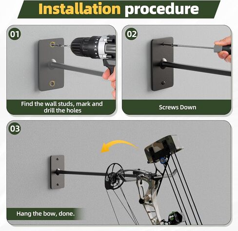 Compound Bow Hanger for Wall - Heavy Duty Steel Compound Bow Holder, Recurve Bow Wall Mount with Durable Composite Padding, Bow Hanger Display for 2 Bows, Vertical Storage Bow Hangers for Wall in Saudi Arabia