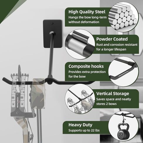 Compound Bow Hanger for Wall - Heavy Duty Steel Compound Bow Holder, Recurve Bow Wall Mount with Durable Composite Padding, Bow Hanger Display for 2 Bows, Vertical Storage Bow Hangers for Wall in Saudi Arabia