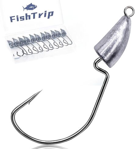 FishTrip 10Pcs Bullet Jig Heads, Weighted EWG Hooks for Texas Rig Bass | Offset Wide Gap Hooks, Stainless Steel Weighted Hooks for Soft Plastics, Worms/ Craws/ Creatures 1/16 1/8 1/4 1/2 oz in Kuwait