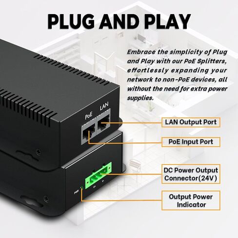 PROCET Gigabit PoE Splitter 12V/5.95A, IEEE802.3af/at/bt Compliant 10/100/1000Mbps Ethernet Splitter for 71.4W Non-PoE PDs, High Power Communication Station/Wireless APs/, PT-PD208GBH-12 in Kuwait