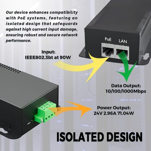 PROCET Gigabit PoE Splitter 12V/5.95A, IEEE802.3af/at/bt Compliant 10/100/1000Mbps Ethernet Splitter for 71.4W Non-PoE PDs, High Power Communication Station/Wireless APs/, PT-PD208GBH-12 in Kuwait