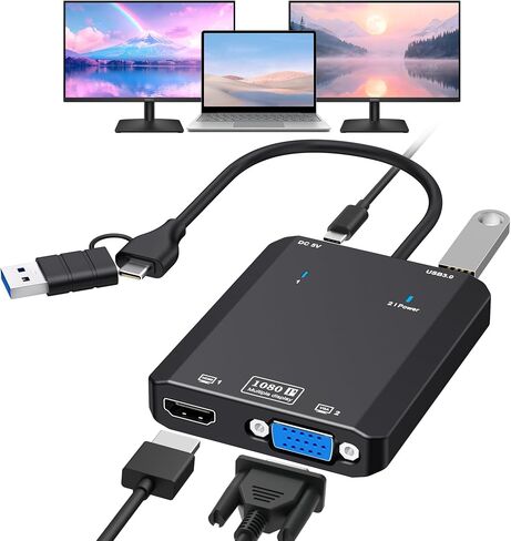 VIXLW HDMI Splitter Extended Display for Dual Monitor, 1080p@60Hz USB A or USB-C to HDMI Vga Adapter for Extended Display of Laptop Monitor Desktop TV, Mac OS Windows Android in Kuwait