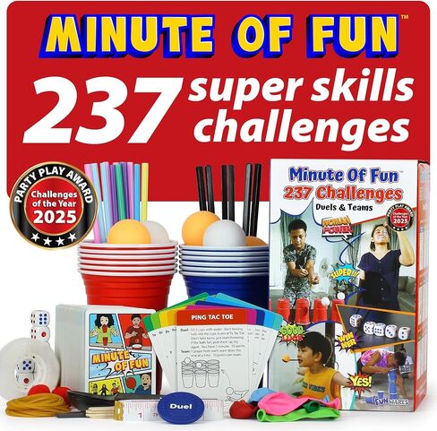 Funwares Original 237 دقيقة من الألعاب الممتعة - دقيقة للفوز بحفلة عائلية وسفر للأطفال والكبار، 2-12 لاعبًا! جاهز للعب مباشرة خارج الصندوق! | Minute to Win It Style، 9 فئات للمهارات، جميع المستلزمات متضمنة، ألعاب مدتها 60 ثانية للأطفال والمراهقين والأطفال in Kuwait