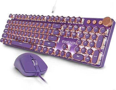 Wired Typewriter Keyboard and Mouse Combo, Low Noise Pink Switch-Green | White Backlit, Retro Punk Keycaps, Metal Panel Mechanical Keyboard with Knob for Windows PC, Mac, Desktop, Laptop, EWEADN V20 in Saudi Arabia