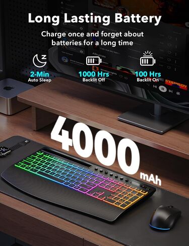 Trueque Wireless Keyboard and Mouse Combo, 4000mAh Battery, Wrist Rest | Rechargeable, 15 Backlit Effects, Full Size, Phone Holder, Quiet Typing, 2.4GHz Wireless, USB-A & C Connectivity for Windows in Saudi Arabia