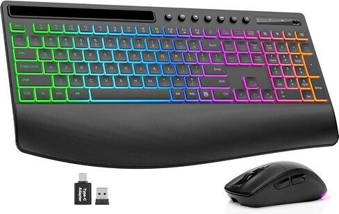 Trueque Wireless Keyboard and Mouse Combo, 4000mAh Battery, Wrist Rest | Rechargeable, 15 Backlit Effects, Full Size, Phone Holder, Quiet Typing, 2.4GHz Wireless, USB-A & C Connectivity for Windows in Saudi Arabia
