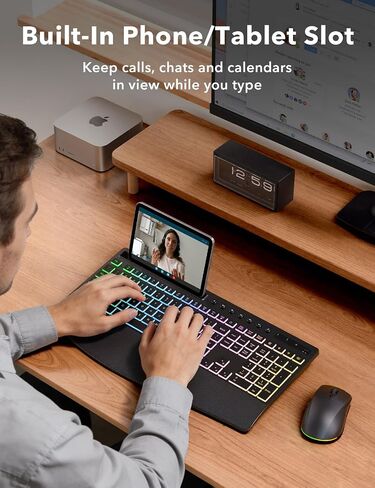 Trueque Wireless Keyboard and Mouse Combo, 4000mAh Battery, Wrist Rest | Rechargeable, 15 Backlit Effects, Full Size, Phone Holder, Quiet Typing, 2.4GHz Wireless, USB-A & C Connectivity for Windows in Saudi Arabia