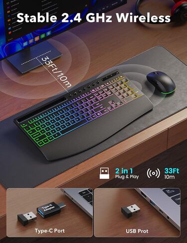 Trueque Wireless Keyboard and Mouse Combo, 4000mAh Battery, Wrist Rest | Rechargeable, 15 Backlit Effects, Full Size, Phone Holder, Quiet Typing, 2.4GHz Wireless, USB-A & C Connectivity for Windows in Saudi Arabia