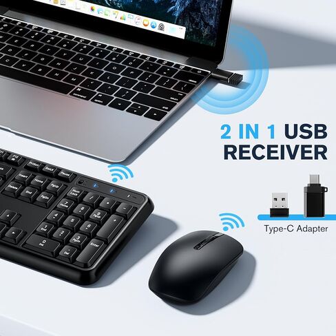 Hamile Full Size Wireless Keyboard and Mouse Combo Silent for Office Home | 2.4GHz Lag-Free, Adjustable 1600 DPI Optical Mouse, Numpad Keyboard, Type-C Adapter, for Computer, Laptop, Winodws, PC in Saudi Arabia