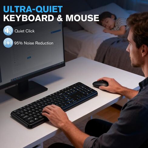 Hamile Full Size Wireless Keyboard and Mouse Combo Silent for Office Home | 2.4GHz Lag-Free, Adjustable 1600 DPI Optical Mouse, Numpad Keyboard, Type-C Adapter, for Computer, Laptop, Winodws, PC in Saudi Arabia