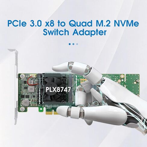 PCIe 3.0 x8 to 2/4 Port M.2 NVMe Switch Adapter Card, 64GB/s Bandwidth M Key NGFF SSD Expansion Card Support 2242/2260/2280/22110 NVMe SSD in Saudi Arabia