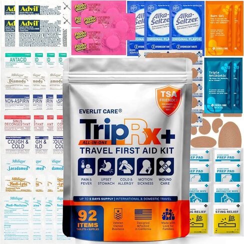 EVERLIT CARE Travel Medicine All in One First Aid Kit I OTC Meds + Medical Supplies I TSA Compliant Compact Size Med Pack for Traveling, Camping, Cruising.Individually Packaged. in Saudi Arabia