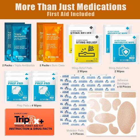 EVERLIT CARE Travel Medicine All in One First Aid Kit I OTC Meds + Medical Supplies I TSA Compliant Compact Size Med Pack for Traveling, Camping, Cruising.Individually Packaged. in Saudi Arabia