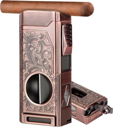 Cigar Lighter, 4 Jet Flame Torch Lighter, Refillable Butane Lighter with Cigar Cutter V Cut Cigar Punch Cigar Holder Cigar Draw Enhancer, Great Cigar Accessories Cool Lighters for Smoking in Gift Box in Saudi Arabia