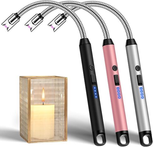 Candle Lighters Long Stem 3 Pcs Electric Lighter Rechargeable Long Matches | Flexible Neck,Windproof Flameless Arc,Safety Lock,Battery Indicator,Long Lighters for Grill,Stove,Candle(Black,Silver,Pink) in Saudi Arabia