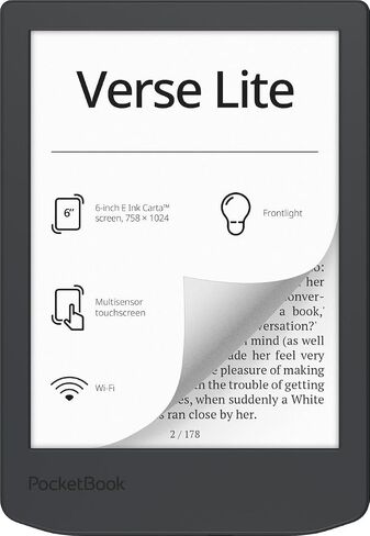 PocketBook Verse Lite – قارئ إلكتروني بشاشة تعمل باللمس من نوع E-Ink Carta مقاس 6 بوصات مزود بإضاءة أمامية | شاشة صديقة للعين وخالية من الوهج | Wi-Fi | يدعم 25 تنسيقًا بما في ذلك إدارة الحقوق الرقمية | صغير الحجم وخفيف الوزن in Kuwait