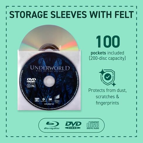 Tarifold Double Disc Media Storage Sleeves with Protective Felt, 100 Pack | Holds 2 CDs, DVDs or Blu-ray Discs, Soft Felt Insert, Durable Polypropylene, Scratch-Resistant in Saudi Arabia