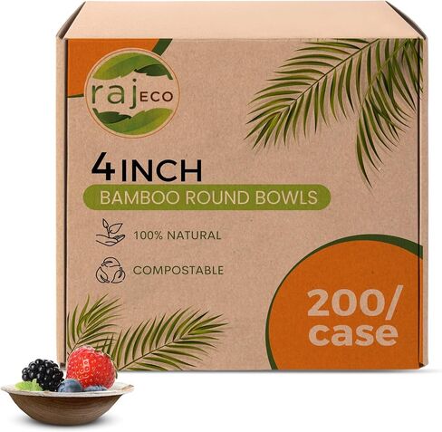 Raj Disposable Bamboo Bowls (200 Count, 4" Bowls) Strong Bowl Bamboo Party Bowl - Decorative Compostable Tableware for Lunch, Dinner, Birthday, Camping, Outdoor, Picnic, Parties in Saudi Arabia