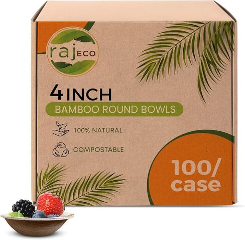 Raj Disposable Bamboo Bowls (100 Count, 4" Bowls) Strong Bowl Bamboo Party Bowl - Decorative Compostable Tableware for Lunch, Dinner, Birthday, Camping, Outdoor, Picnic, Parties in Saudi Arabia