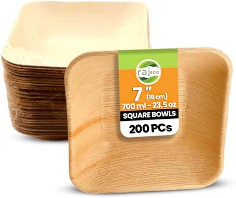 Raj Bamboo Bulk Bowls 7" 200 Square Bowl Bamboo Bowls Disposable, Decorative Compostable Tableware for wedding, Lunch, Dinner, Birthday, Camping, Outdoor BBQ, Picnic in Saudi Arabia
