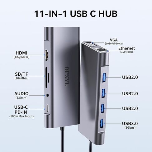 OPXYL 11-in-1 USB C Hub Multiport Adapter, USB C Docking Station with 4K HDMI, VGA 1080P, 100W PD, Ethernet, SD/TF, Audio, USB 3.0 Port, Laptop Dock for MacBook Pro/Air, iPad, Windows in Saudi Arabia