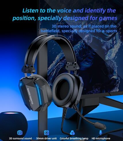 Gaming Headset, Wired, 3D Surround Sound, RGB Light | Memory Foam Earmuffs, USB and 3.5mm for PC and Console, Headphones Wired Gaming in Kuwait