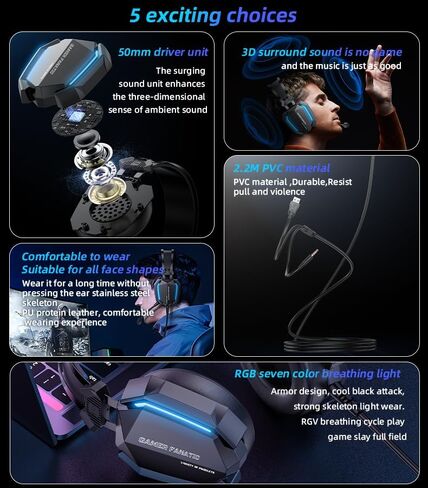 Gaming Headset, Wired, 3D Surround Sound, RGB Light | Memory Foam Earmuffs, USB and 3.5mm for PC and Console, Headphones Wired Gaming in Kuwait