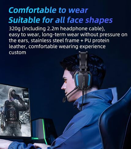 Gaming Headset, Wired, 3D Surround Sound, RGB Light | Memory Foam Earmuffs, USB and 3.5mm for PC and Console, Headphones Wired Gaming in Kuwait