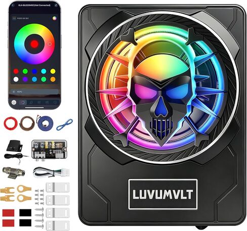 1200W 10" Skull Car Subwoofer with APP-Controlled RGB Beat-Sync Lights, Slim Under Seat Powered Built-in Amplifier, Low Pass Filter/Gain/Bass Boost, Deep Bass for Car/Truck/SUV/Jeep in Saudi Arabia