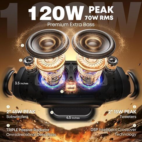 مكبر صوت بلوتوث W-KING، مكبرات صوت محمولة خارجية عالية الصوت بقدرة 120 وات IPX6 | Boombox Bluetooth اللاسلكي، مكبر صوت كبير للحفلات مقاوم للماء، مشعات ثلاثية سلبية بقدرة 70 وات - صوت جهير عميق/مضخم صوت*2، 42 ساعة، TF، EQ in Kuwait