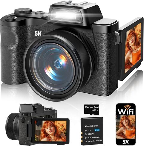 Maxmango D75 Digital Camera for Photography - 5K WiFi Vlogging Camera for YouTube 3" 180° Flip Screen 18X Digital Zoom Compact Travel Cameras with 16GB TF Card Black for Beginners in Saudi Arabia