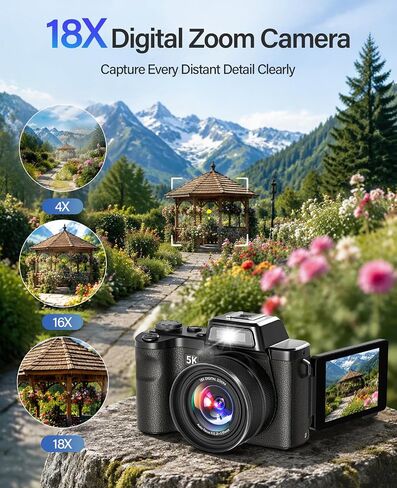 Maxmango D75 Digital Camera for Photography - 5K WiFi Vlogging Camera for YouTube 3" 180° Flip Screen 18X Digital Zoom Compact Travel Cameras with 16GB TF Card Black for Beginners in Saudi Arabia