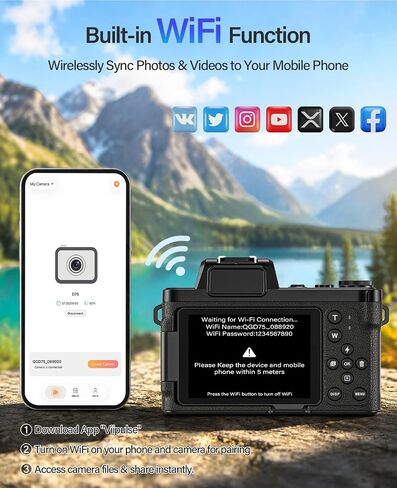 Maxmango D75 Digital Camera for Photography - 5K WiFi Vlogging Camera for YouTube 3" 180° Flip Screen 18X Digital Zoom Compact Travel Cameras with 16GB TF Card Black for Beginners in Saudi Arabia