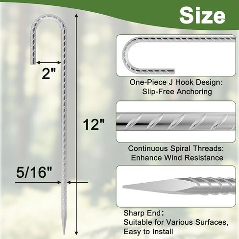 12 Inch J Hook Rebar Stakes 30 Pcs, Heavy Duty Metal Tent Stakes | 5/16" Diameter Galvanized Steel Ground Stakes Fence Stakes for Canopy, Tarp, Inflatables, Yard Decorations, Camping, Garden in Saudi Arabia