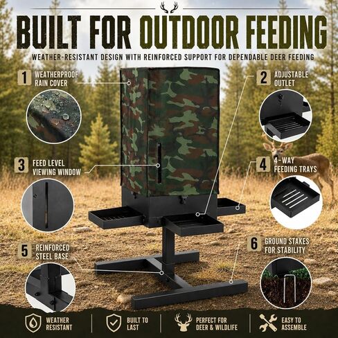 80 lbs Deer Feeder, Gravity Deer Feeder w/Adjustable Feed Outlet | 4 Feeding Tray, View Window, Weatherproof Camo Cover, Metal Deer Feeders for Woodland, Farm, Ranch & Hunting Grounds in Saudi Arabia