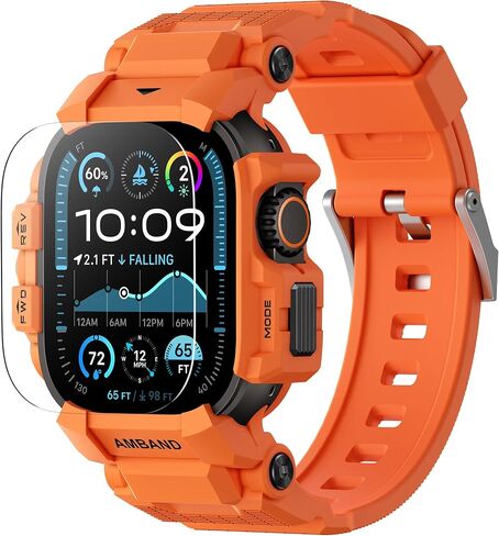 amBand Rugged Case with Band Compatible with Apple Watch Ultra 3/2/1 49mm for Men, Shockproof Protective Case with 9H Screen Protector, Sport Band & Bumper Cover, Orange in Kuwait