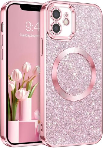 DOMAVER for iPhone 12 Phone Case Magnetic [Compatible with MagSafe] Luxury Clear Glitter Shockproof Protective Cover Full Camera Lens Protector Women Girls- Pink in Saudi Arabia
