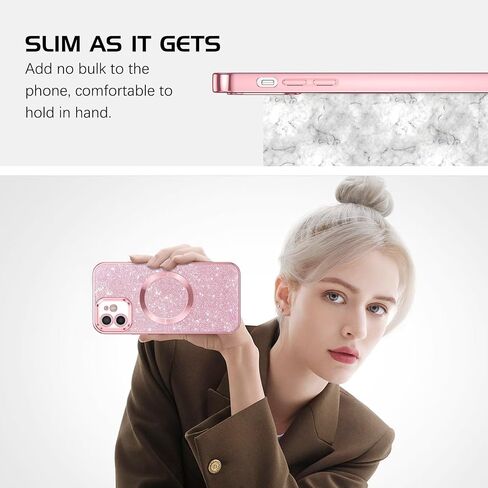 DOMAVER for iPhone 12 Phone Case Magnetic [Compatible with MagSafe] Luxury Clear Glitter Shockproof Protective Cover Full Camera Lens Protector Women Girls- Pink in Saudi Arabia