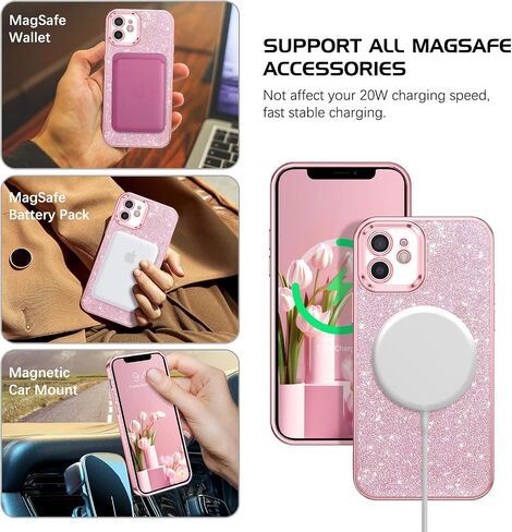 DOMAVER for iPhone 12 Phone Case Magnetic [Compatible with MagSafe] Luxury Clear Glitter Shockproof Protective Cover Full Camera Lens Protector Women Girls- Pink in Saudi Arabia