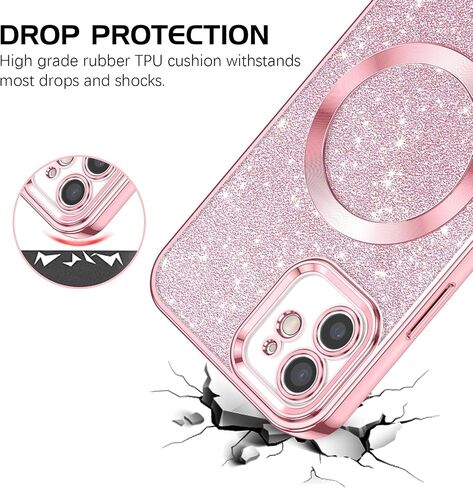 DOMAVER for iPhone 12 Phone Case Magnetic [Compatible with MagSafe] Luxury Clear Glitter Shockproof Protective Cover Full Camera Lens Protector Women Girls- Pink in Saudi Arabia