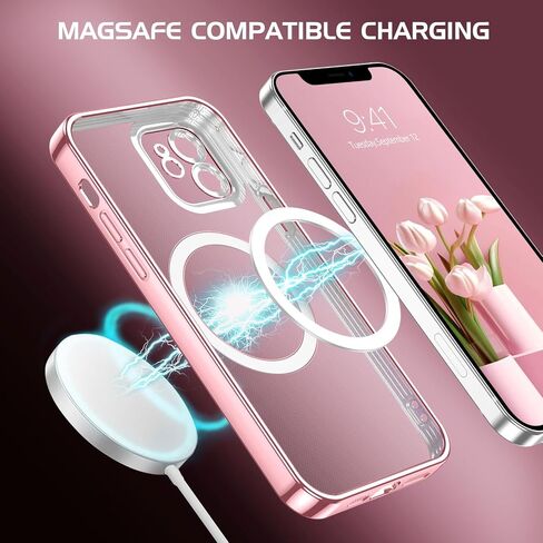DOMAVER for iPhone 12 Phone Case Magnetic [Compatible with MagSafe] Luxury Clear Glitter Shockproof Protective Cover Full Camera Lens Protector Women Girls- Pink in Saudi Arabia