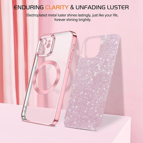 DOMAVER for iPhone 12 Phone Case Magnetic [Compatible with MagSafe] Luxury Clear Glitter Shockproof Protective Cover Full Camera Lens Protector Women Girls- Pink in Saudi Arabia