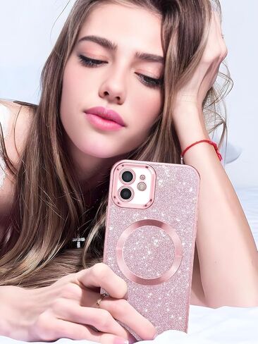 DOMAVER for iPhone 12 Phone Case Magnetic [Compatible with MagSafe] Luxury Clear Glitter Shockproof Protective Cover Full Camera Lens Protector Women Girls- Pink in Saudi Arabia