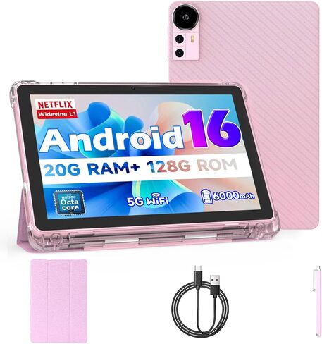 Android 16 Tablet 10 inch Tablets, 20GB RAM 128GB ROM 2TB Expand, 2.0Ghz CPU Octa-Core Processor Tablet PC with Case and Stylus, 5G WiFi6, BT5.0, 6000mAh Battery, Dual Camera, Widevine L1, GMS, Black in Kuwait
