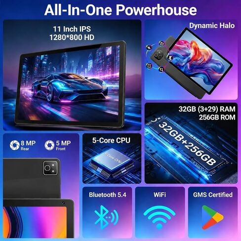 2026 Android 16 Tablet 11inch, 32GB +256GB +1TB Expand, 7800mAh Large Battery, Penta-Core CPU, Wi-Fi 6, HD IPS Touchscreen Display, Dual Camera, Black in Saudi Arabia