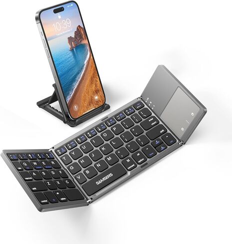 Samsers Foldable Bluetooth Keyboard with Touchpad, Ultra Slim Compact,Black | Multi-touch Trackpad, Full Size, Phone Holder, USB-C Charging, 3 Device, for Android Windows iOS Mac OS, Mobile Productivity in Saudi Arabia